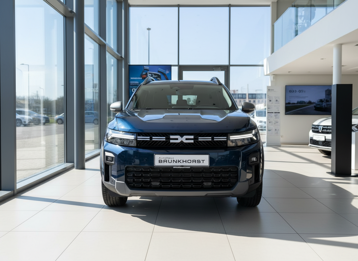 Dacia Duster SUV in Dunkelblau Frontansicht im Autohaus Brunkhorst Showroom