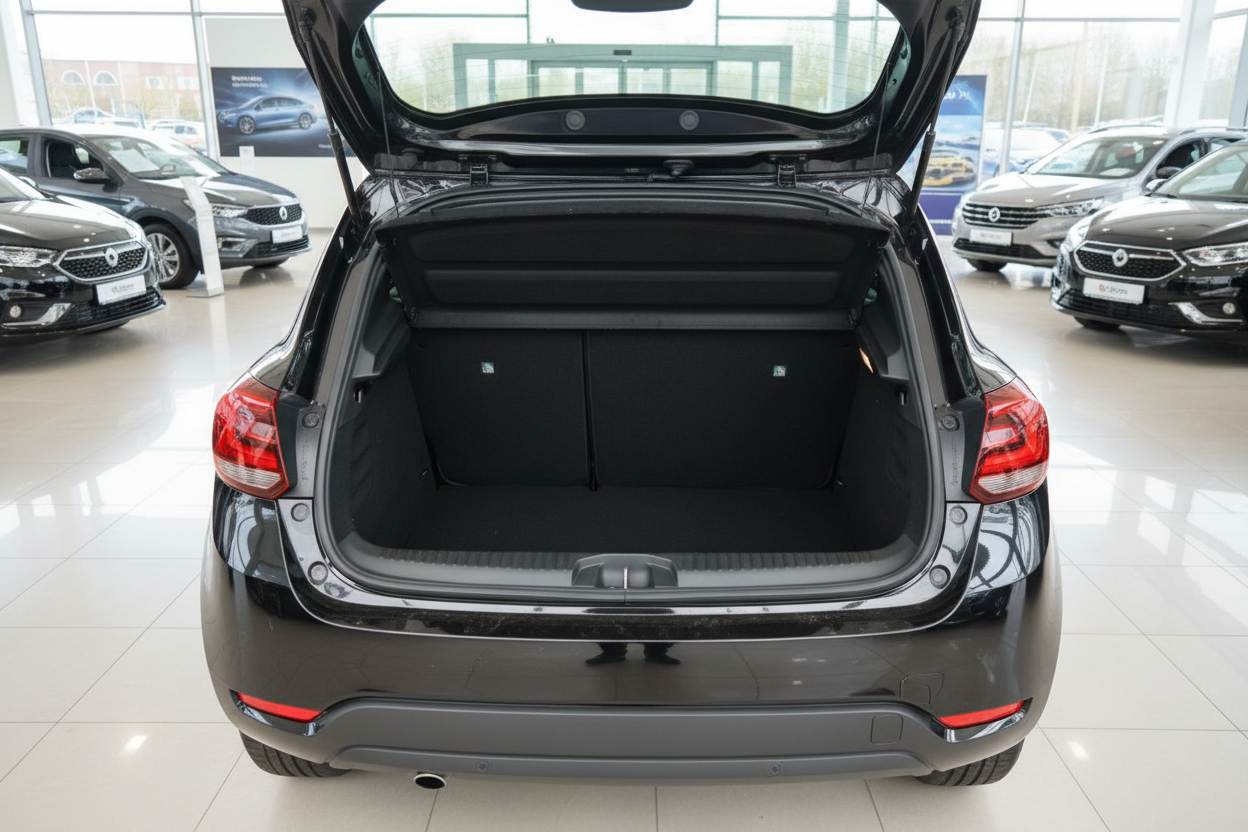 Schwarzes Fahrzeug Kofferraum geöffnet im Autohaus – Heckansicht mit großem Laderaum