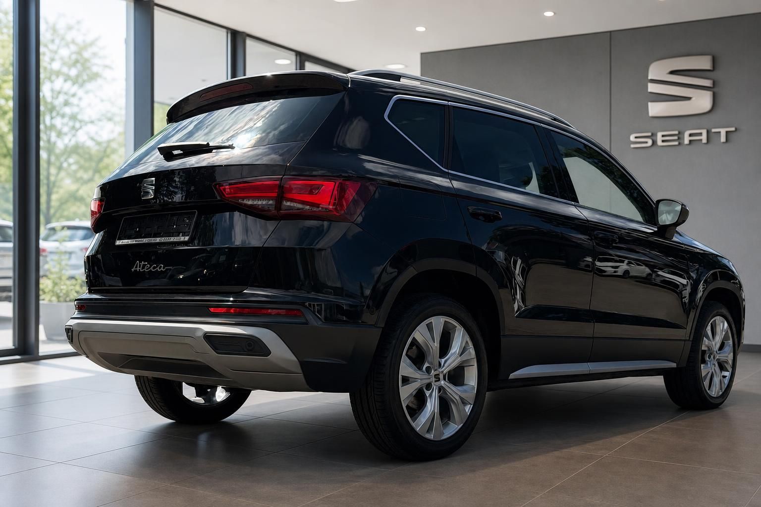 SEAT Ateca schwarz Heckansicht seitlich im Autohaus