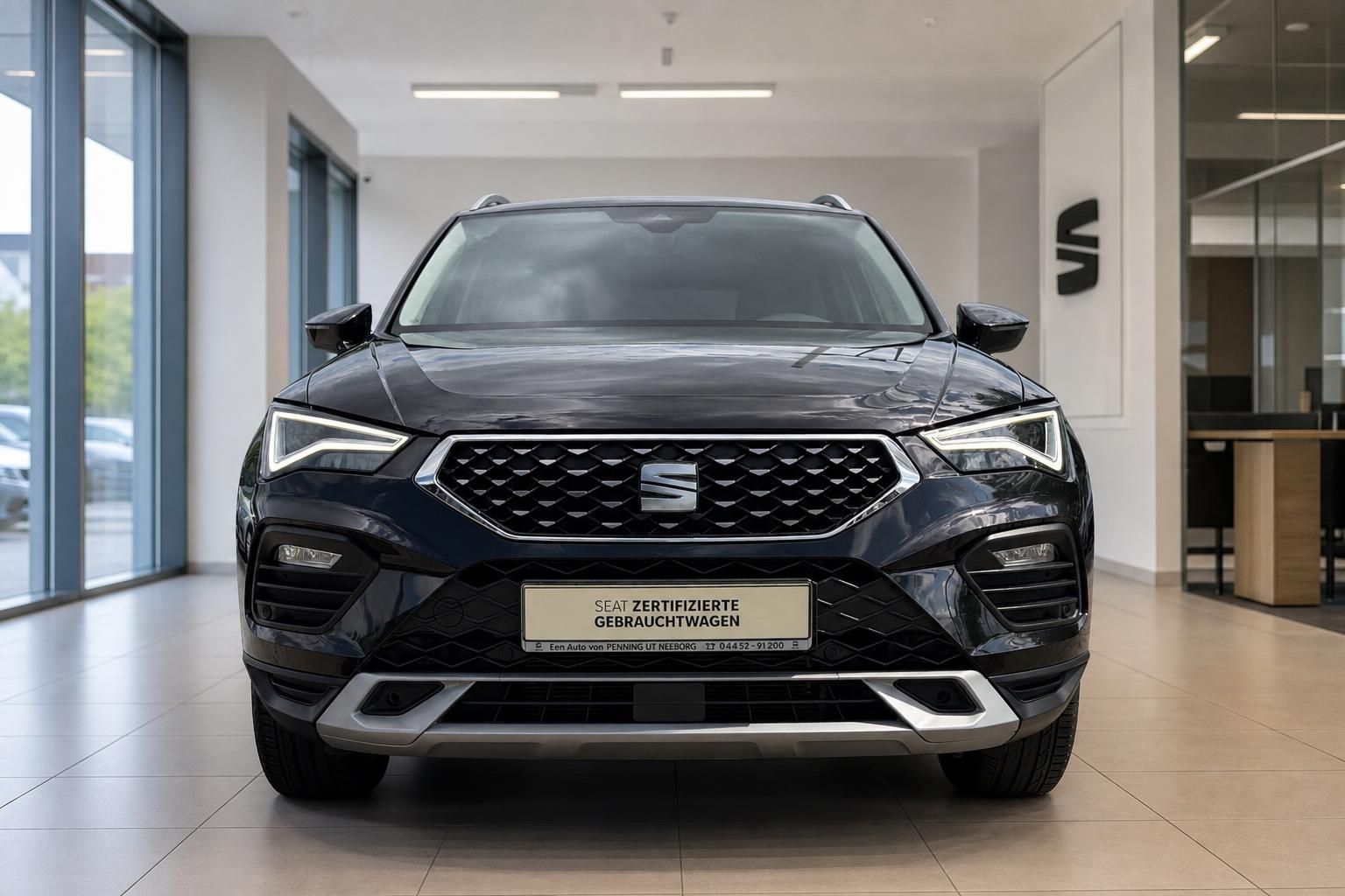 Schwarzer SEAT Ateca Frontansicht im Autohaus Showroom