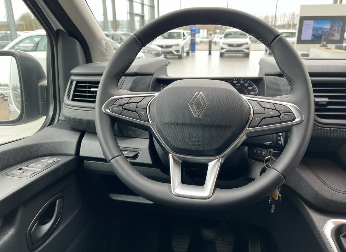 Renault Innenraum Lenkrad mit Renault-Logo und Multifunktionstasten, Cockpit-Ansicht