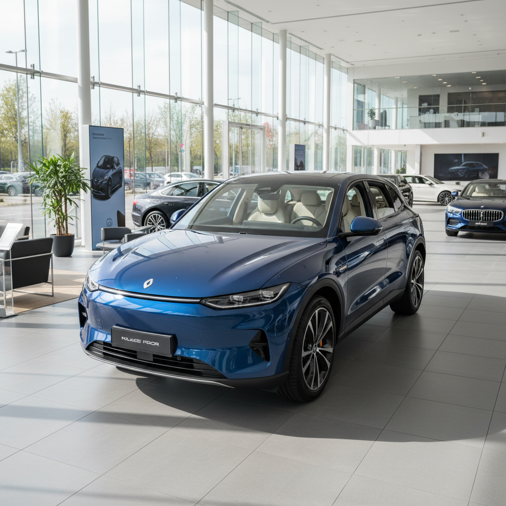 Blauer Elektro-SUV im modernen Autohaus-Showroom mit Glasfassade