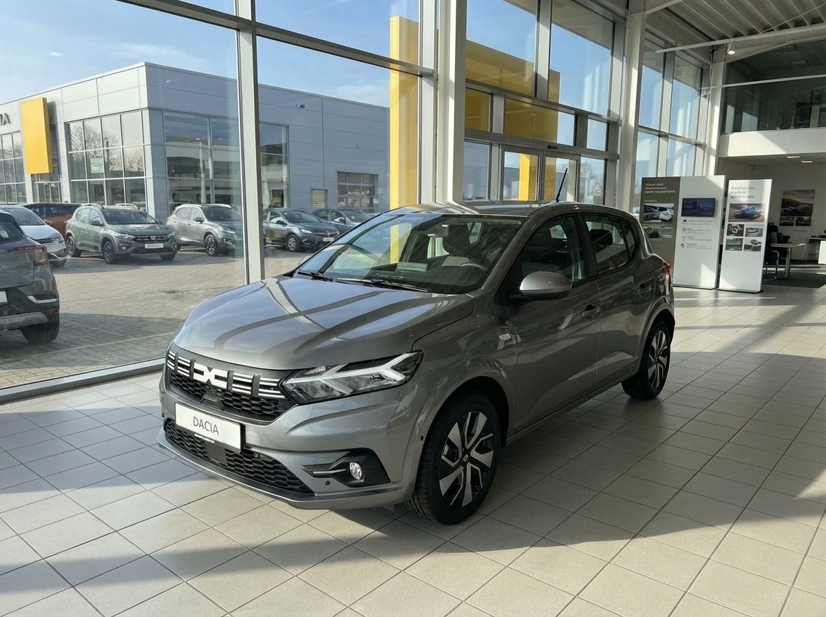 Dacia Sandero in Grau im Autohaus Showroom – Frontansicht