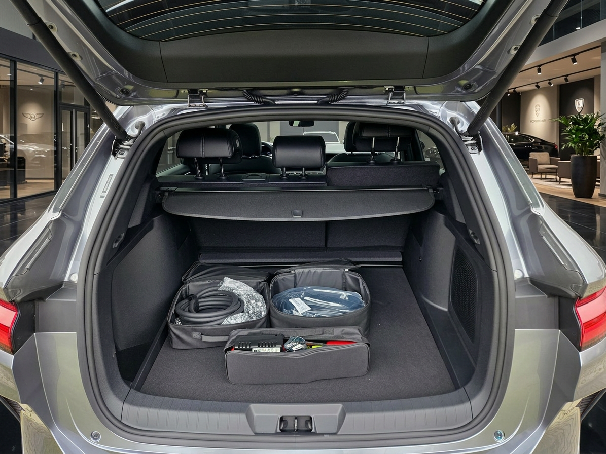 Kofferraum eines grauen SUV mit geöffneter Heckklappe und Ladekabel-Set für Elektrofahrzeug