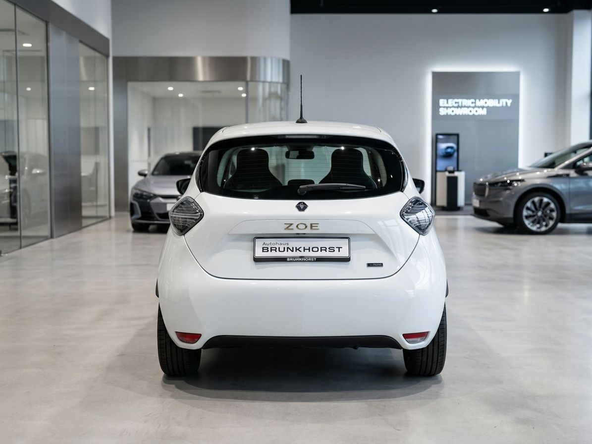 Renault ZOE Elektrofahrzeug weiß - Heckansicht im Autohaus Showroom