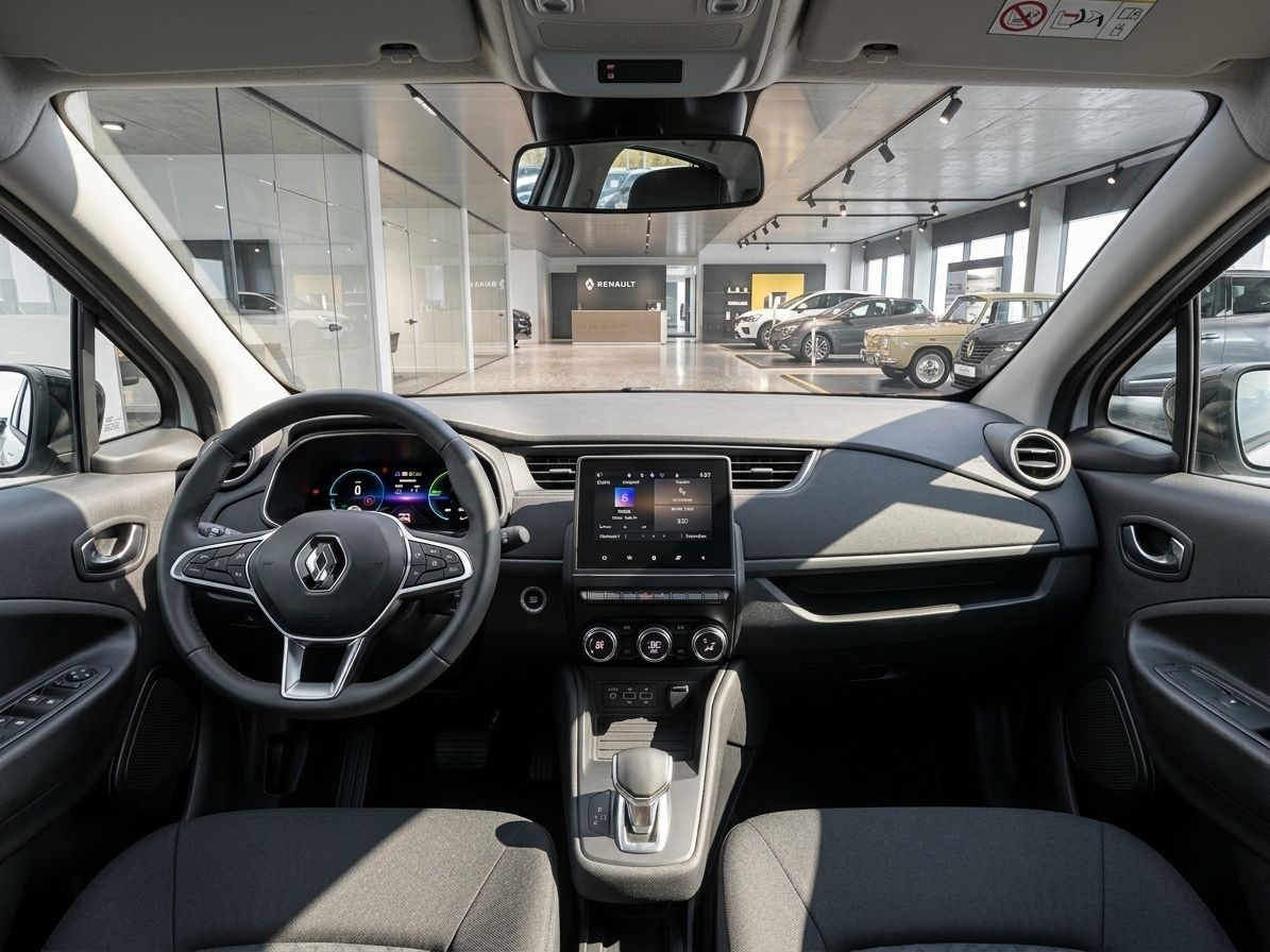 Renault Innenraum mit Lenkrad, Touchscreen und Armaturenbrett im Autohaus