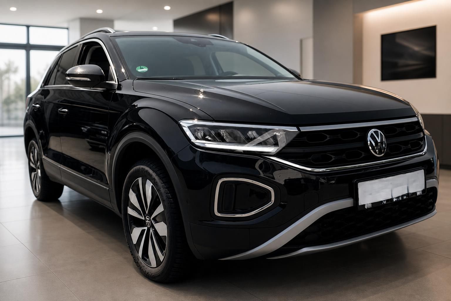 Schwarzer Volkswagen Crossover SUV Schrägansicht im Autohaus