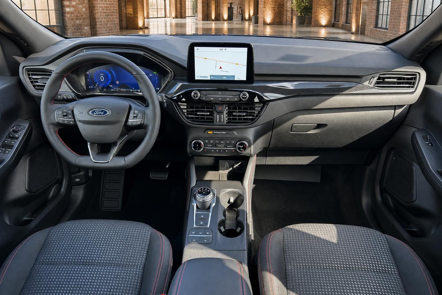 Ford Cockpit Innenraum mit Navigationsdisplay und Sportsitzen