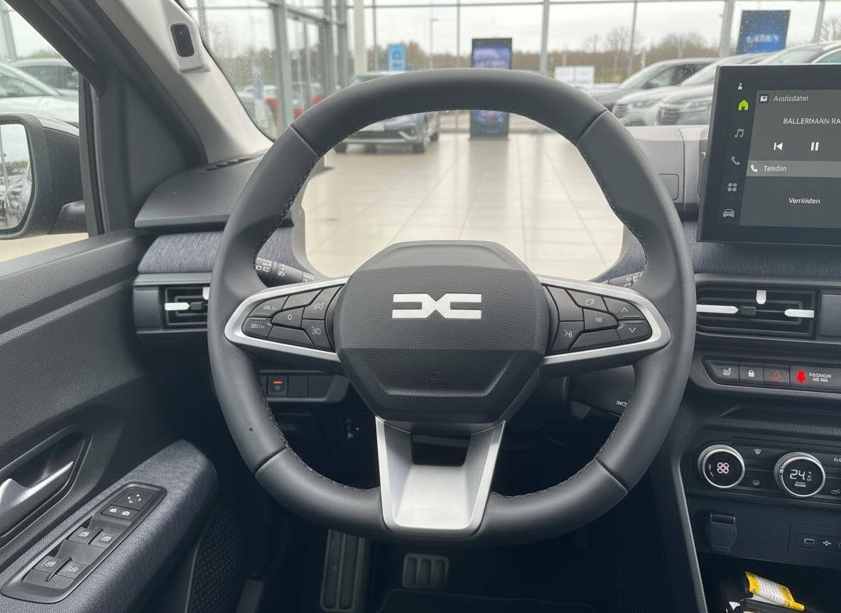 Dacia Innenraum mit Lenkrad und Touchscreen-Infotainment in modernem Showroom