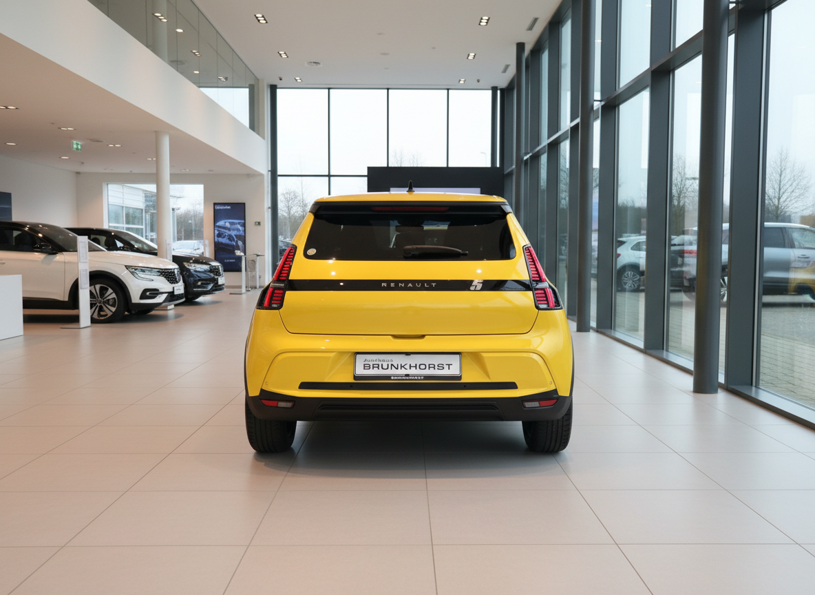 Renault 5 E-Tech Electric in Gelb – Heckansicht im Autohaus Brunkhorst Showroom
