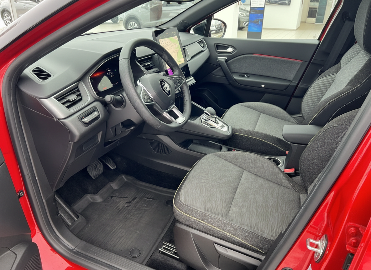 Renault Clio Innenraum in Rot – modernes Cockpit mit Touchscreen und schwarzen Stoffsitzen