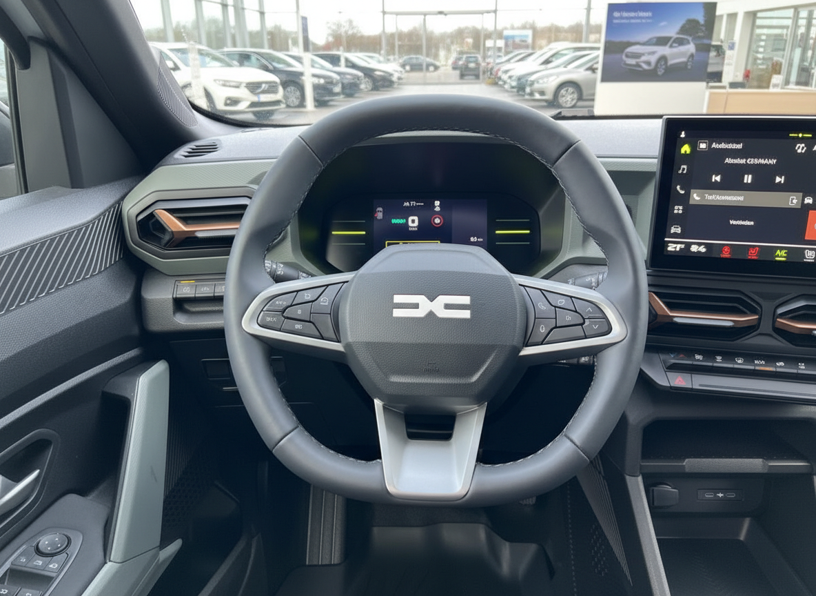Dacia Innenraum Lenkrad mit digitalem Cockpit und Infotainment-Touchscreen