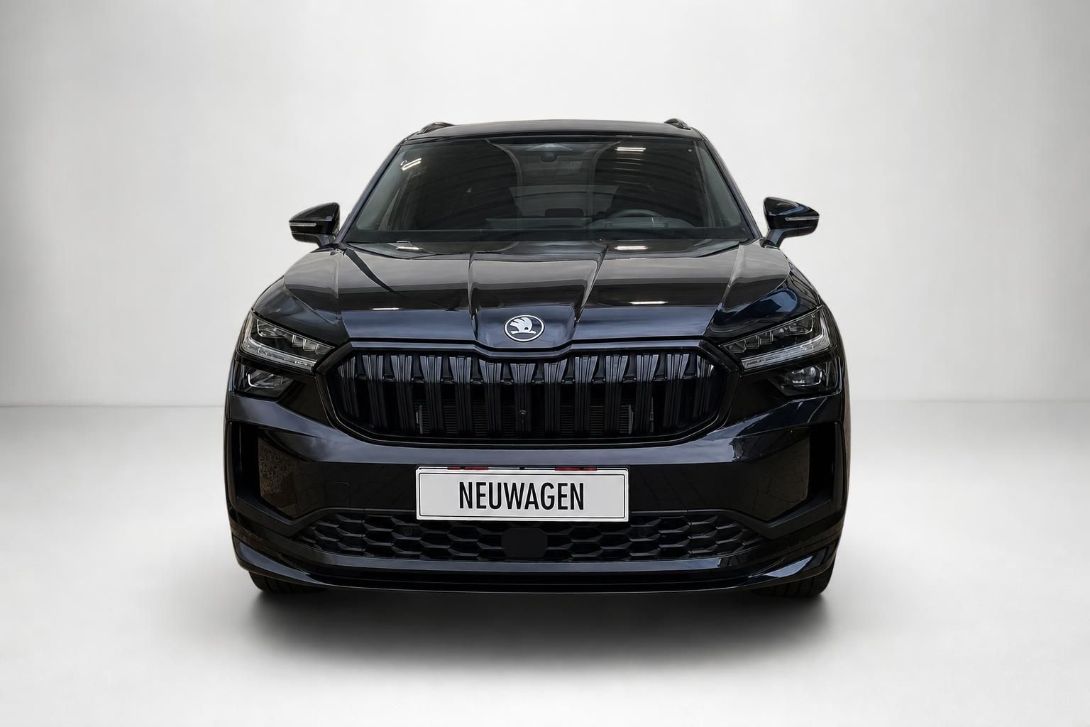 Schwarzer Skoda SUV Frontansicht im Studio mit Kennzeichen Neuwagen