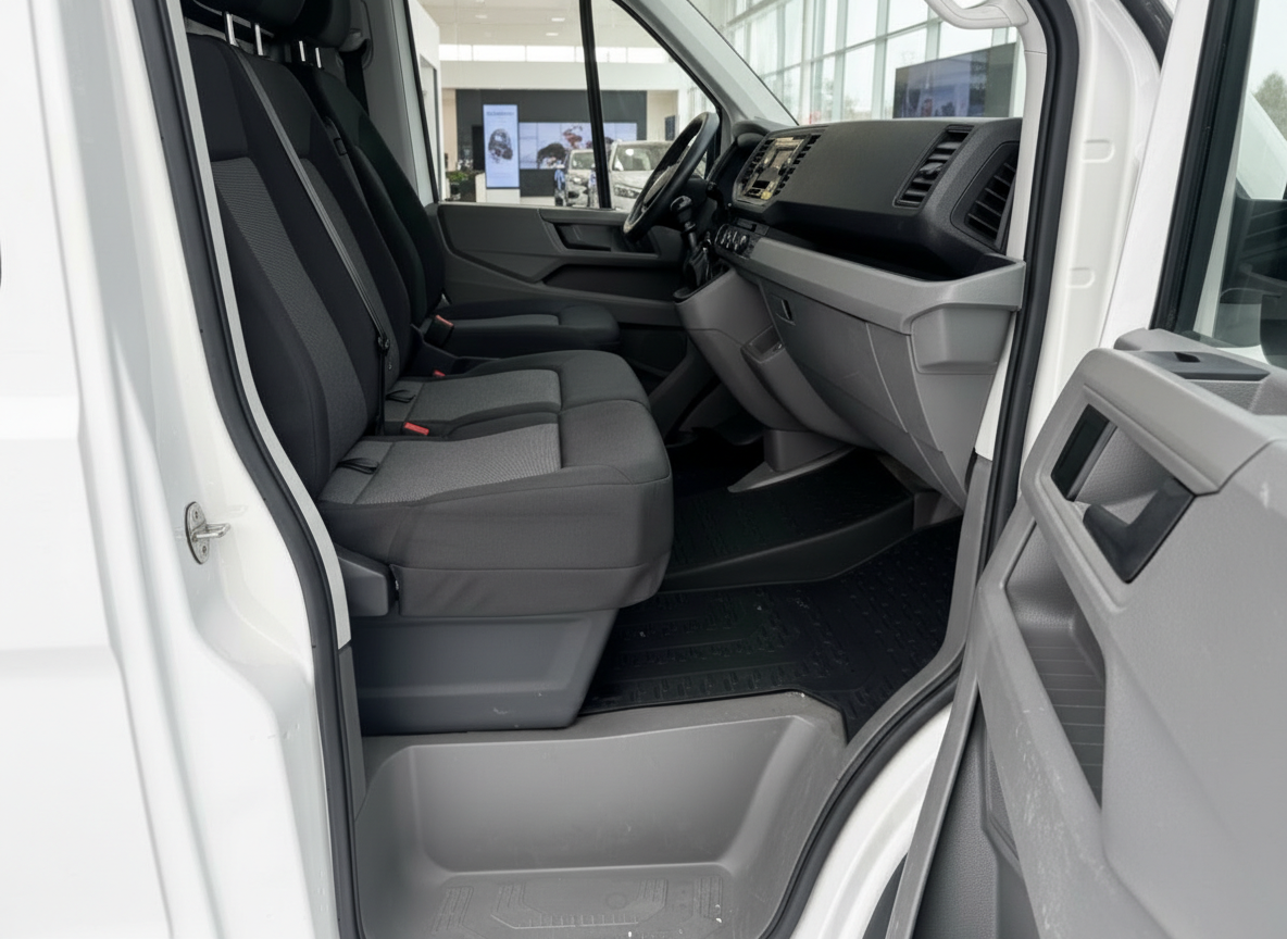 Volkswagen Crafter Innenraum Fahrerhaus mit Doppelsitzbank und Cockpit in grau