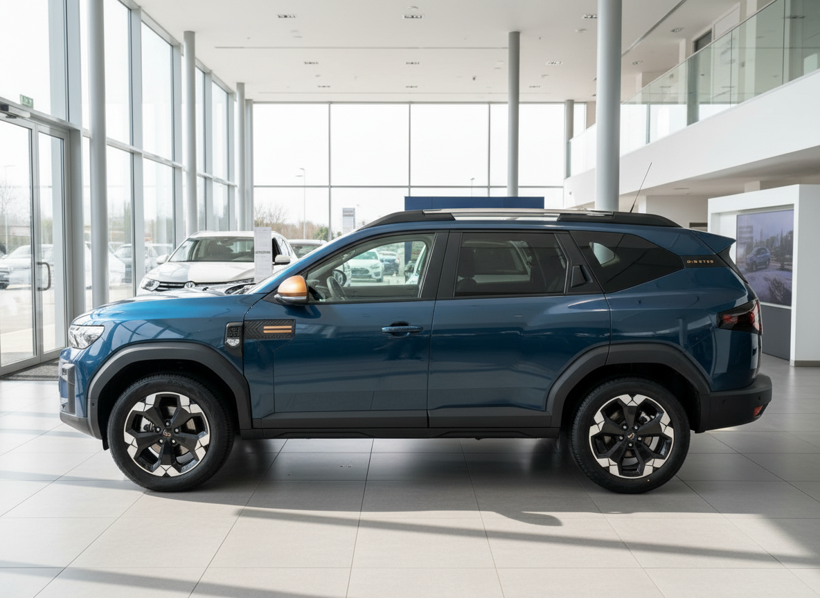 Dacia Duster SUV in Blau metallic Seitenansicht im Autohaus Showroom