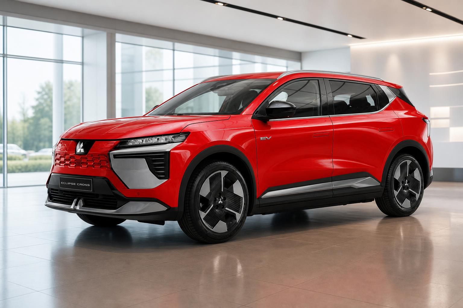 Roter Mitsubishi Eclipse Cross EV Elektro-SUV Frontansicht im Showroom mit modernem Design