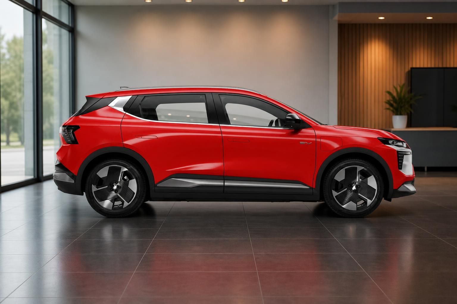 Roter Mitsubishi Eclipse Cross Seitenansicht mit modernen Alufelgen im Autohaus