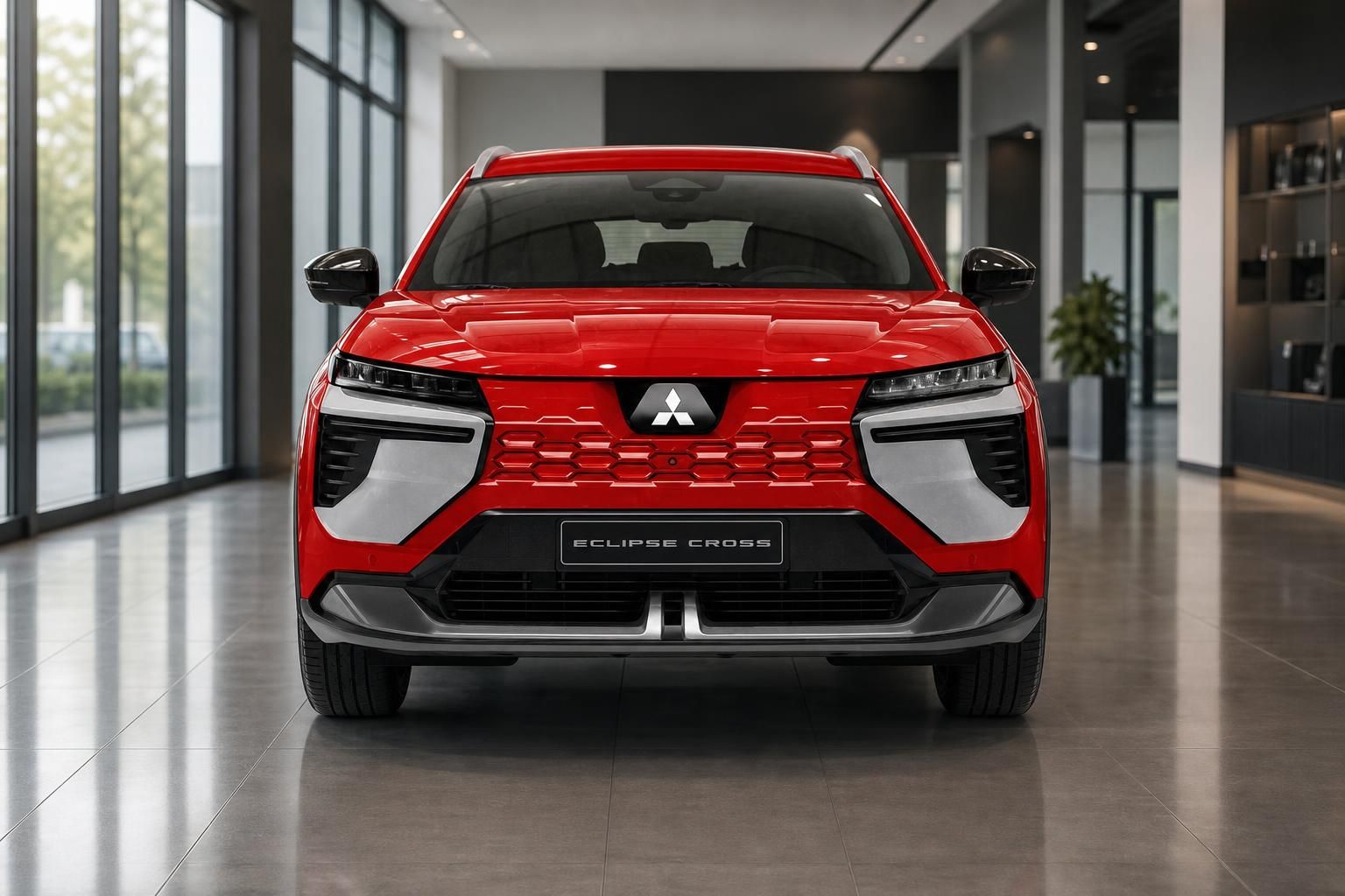 Roter Mitsubishi Eclipse Cross Frontansicht im modernen Autohaus-Showroom
