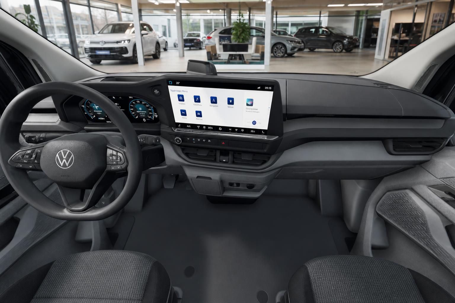VW Transporter Innenraum mit Cockpit und Touchscreen
