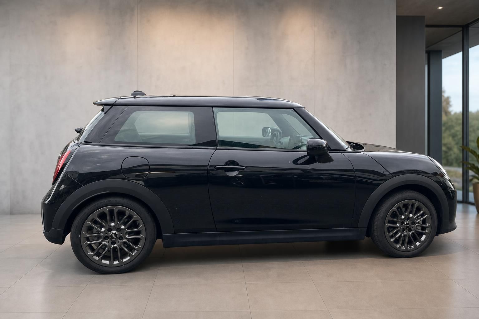 MINI Cooper schwarz Seitenansicht mit Leichtmetallfelgen im Showroom