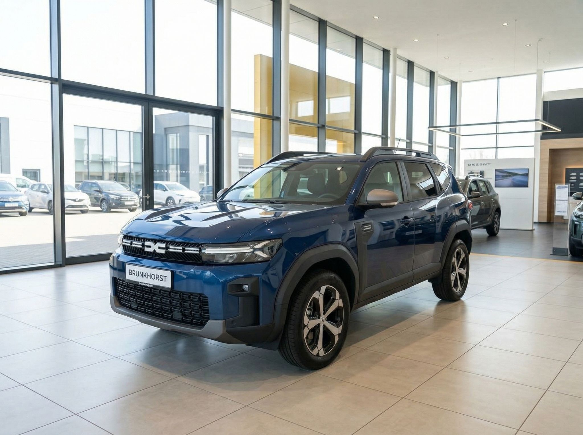 Blauer Dacia Bigster SUV in modernem Autohaus-Showroom - Frontansicht