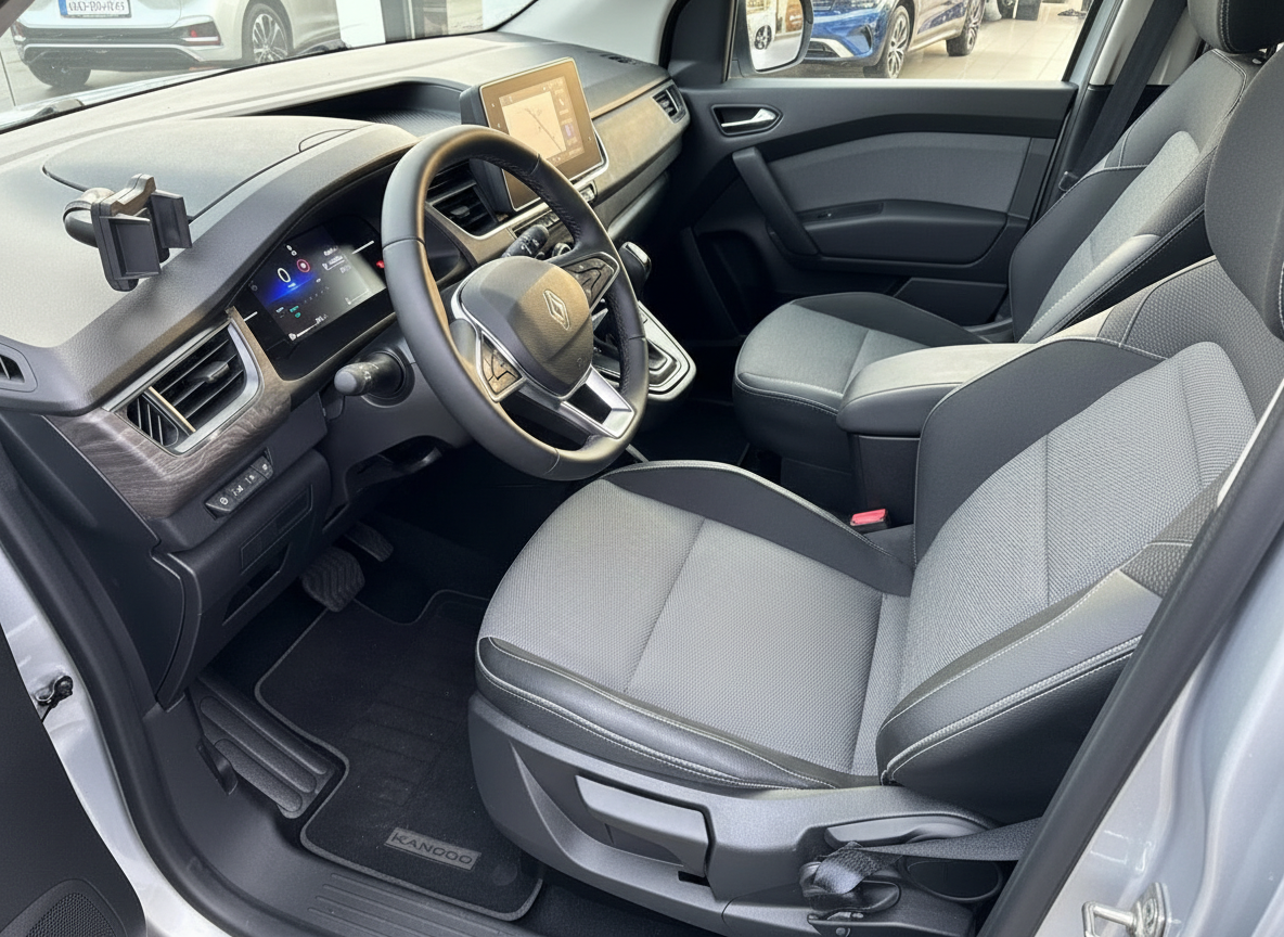 Renault Kangoo Innenraum mit Fahrersitz, Lenkrad und Infotainment-System in grau-schwarzer Ausstattung