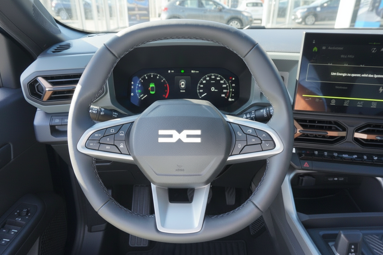 Dacia Innenraum mit Lenkrad, digitales Kombiinstrument und Infotainment-Display