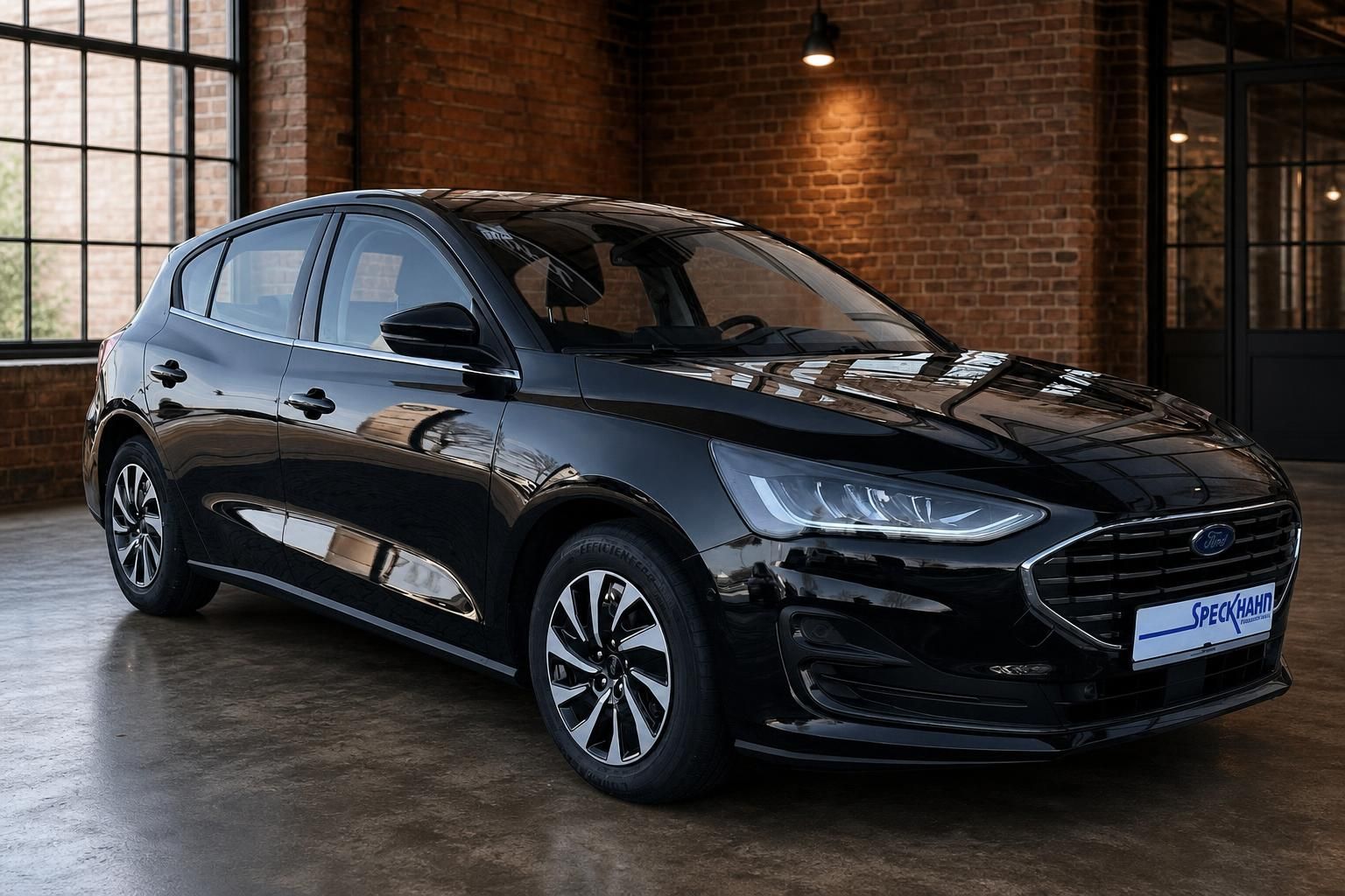 Ford Focus Hatchback schwarz – Frontansicht schräg links, LED-Scheinwerfer, Alufelgen