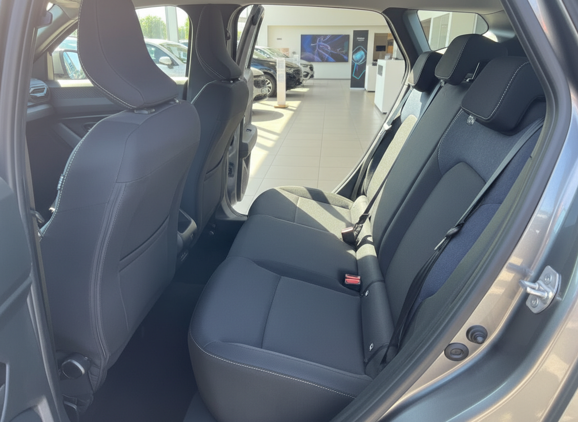 Innenraum Rücksitzbank eines modernen Fahrzeugs mit schwarzen Stoffsitzen im Autohaus