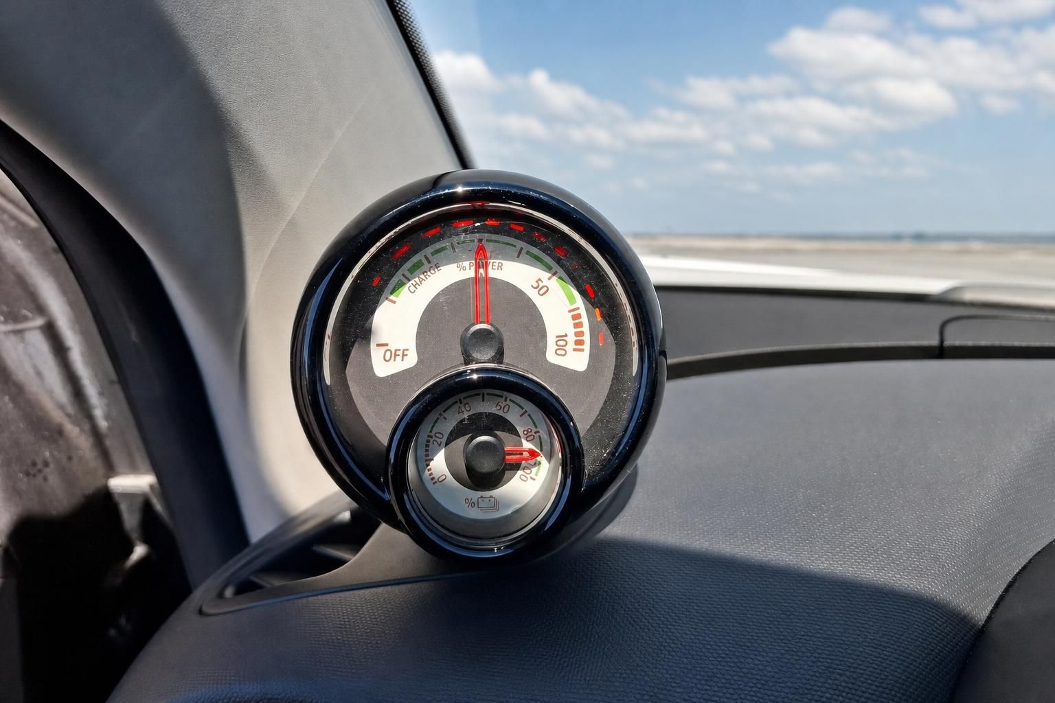 Batterieladeanzeige im Smart Elektrofahrzeug auf dem Armaturenbrett