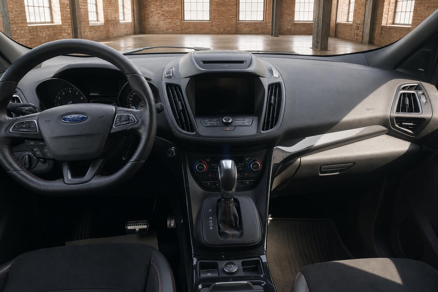 Ford Kuga Innenraum Übersicht mit Armaturenbrett, Automatikschalthebel und SYNC Touchscreen