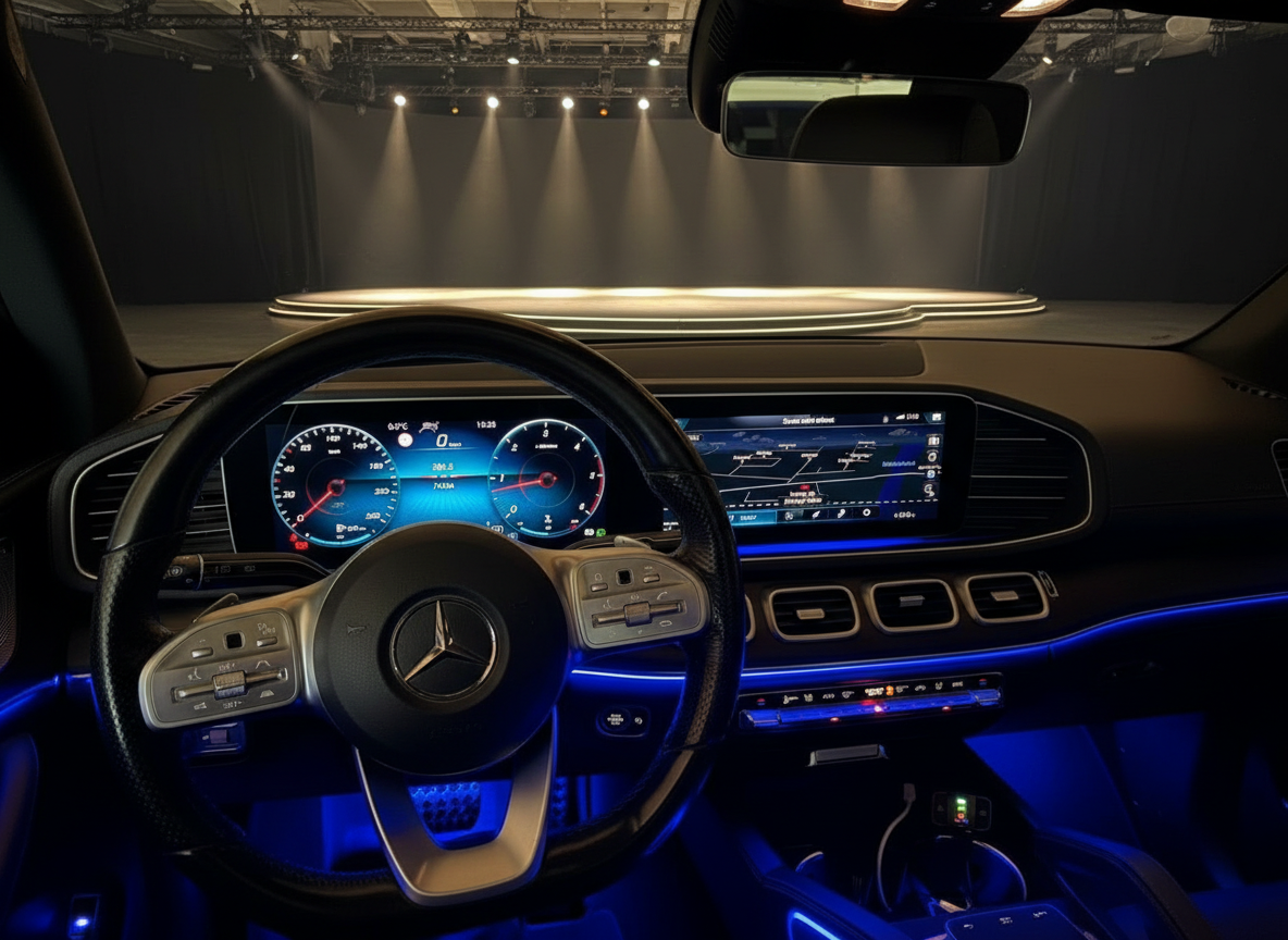 Mercedes-Benz Innenraum mit digitalem Cockpit und blauer Ambientebeleuchtung
