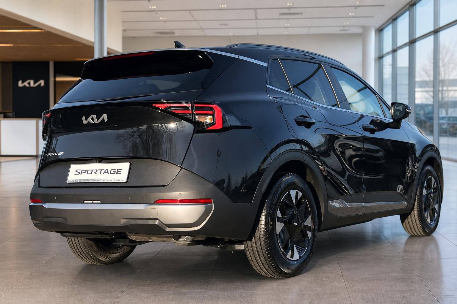 Kia Sportage schwarz Heckansicht im Autohaus Showroom