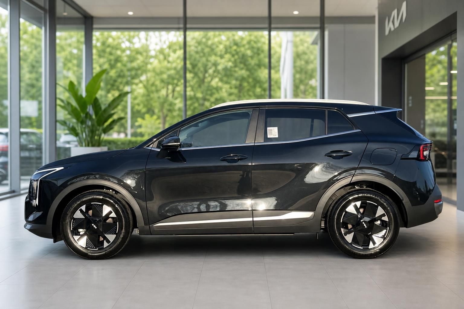 Kia Sportage schwarz Seitenansicht im Autohaus mit Panoramadach