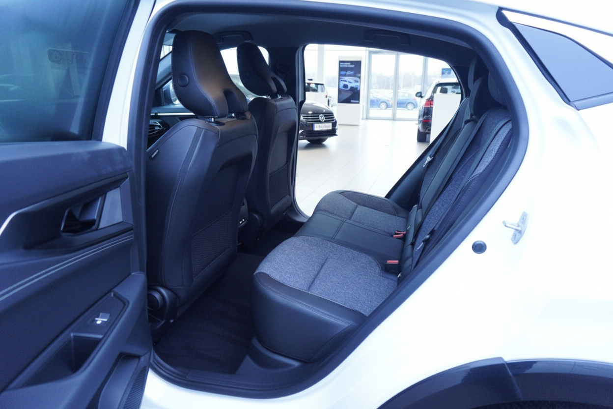 Innenraum Rücksitzbank eines weißen VW mit schwarzen Ledersitzen im Autohaus