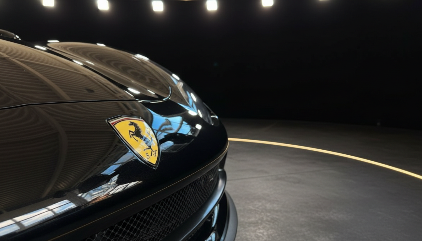 Schwarzer Ferrari Detailaufnahme Front mit Prancing Horse Logo in professioneller Studiobeleuchtung