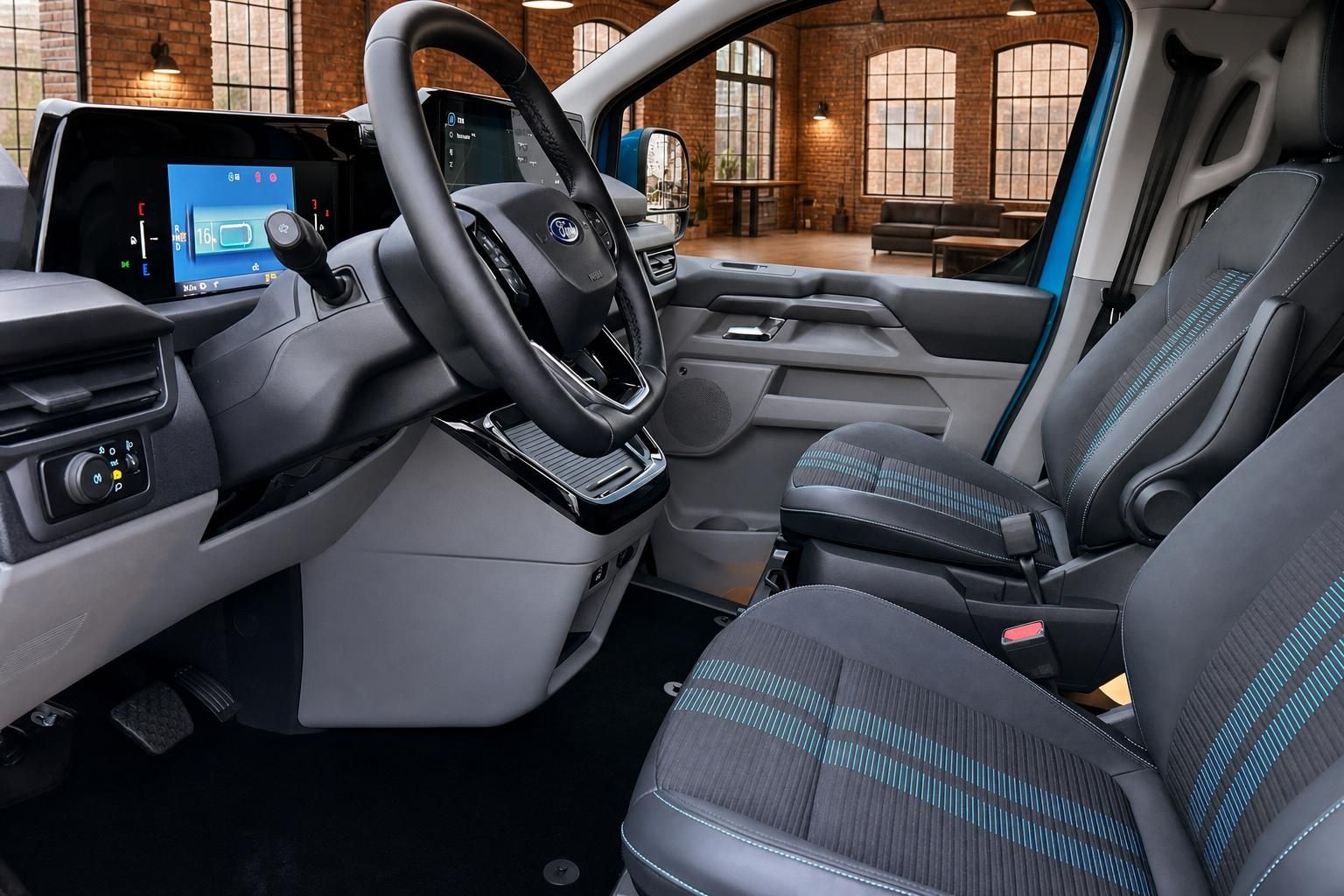 Ford Van Innenraum mit Cockpit, Lenkrad und Sitzen in Blau-Grau