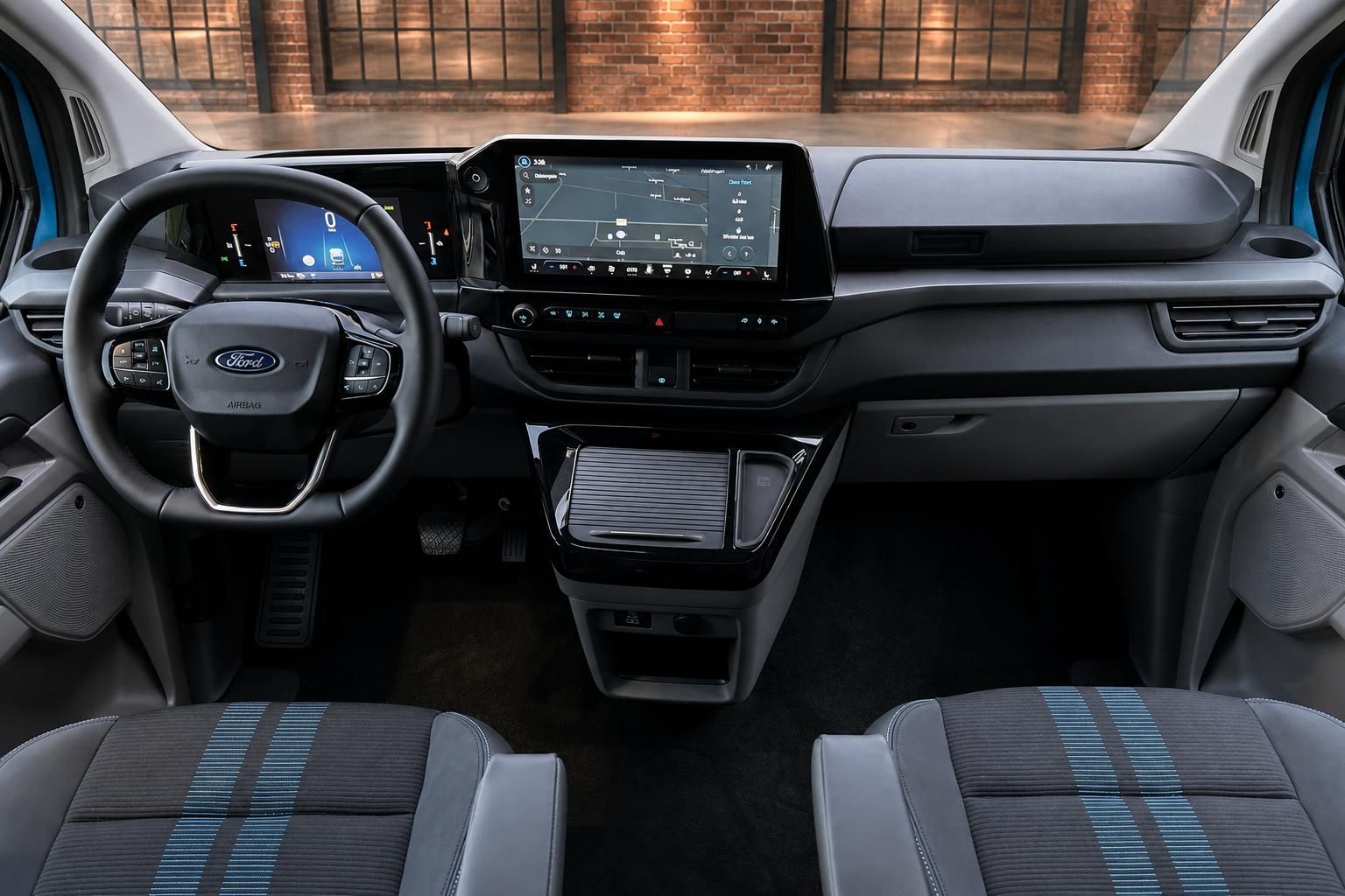 Ford Transit Innenraum Blick auf Armaturenbrett und Vordersitze