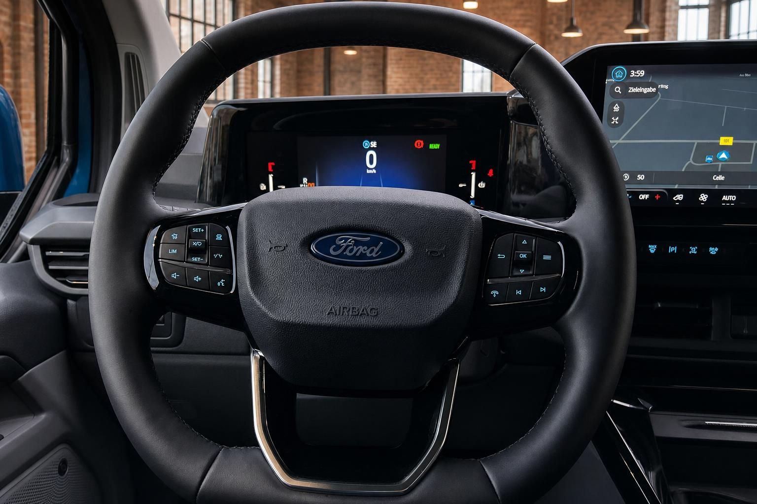 Ford Lenkrad Nahaufnahme mit Logo und digitalem Display