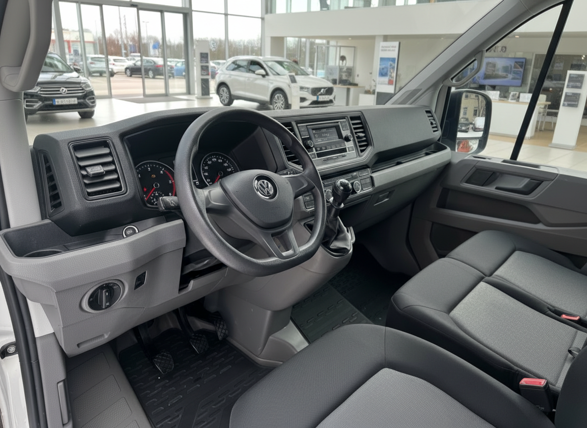 Volkswagen Crafter Innenraum mit Cockpit, Lenkrad und Fahrersitz in grau