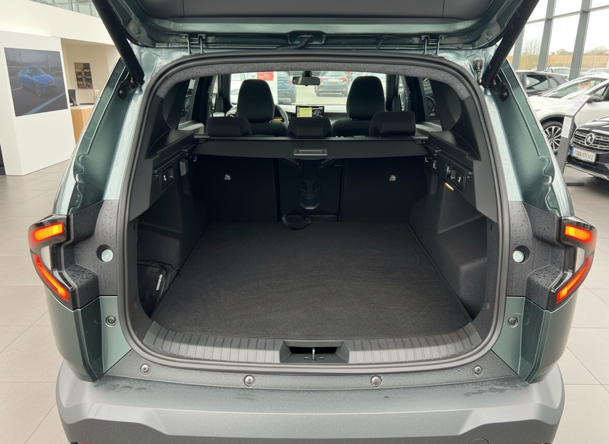 Grüner SUV Kofferraum geöffnet von hinten – geräumiger Laderaum im Autohaus