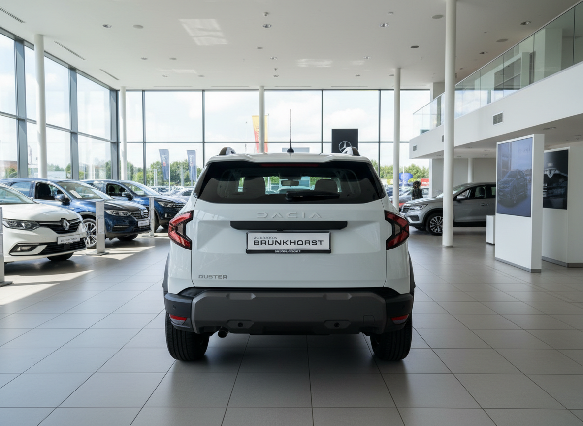 Dacia Duster SUV in Weiß – Heckansicht im Autohaus Brunkhorst Showroom