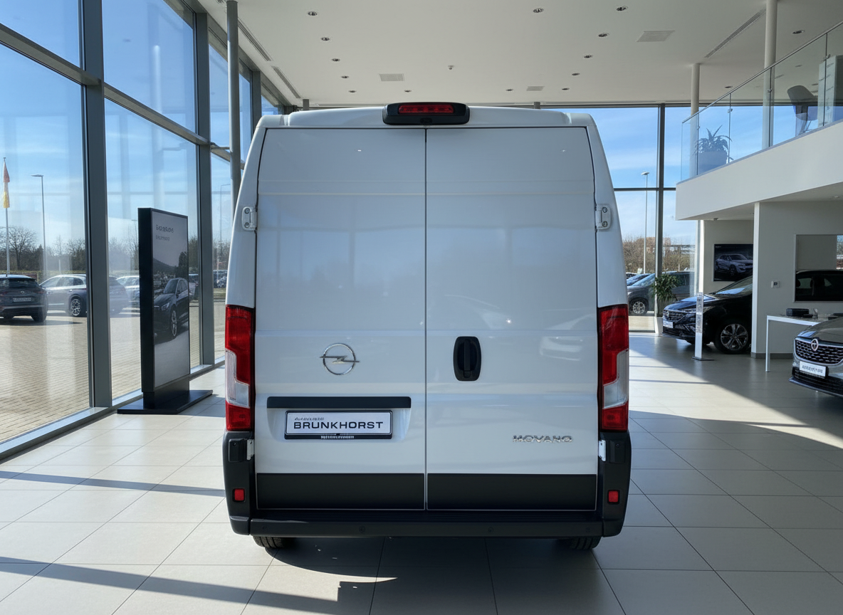 Opel Movano Kastenwagen weiß Heckansicht im Autohaus Brunkhorst Showroom