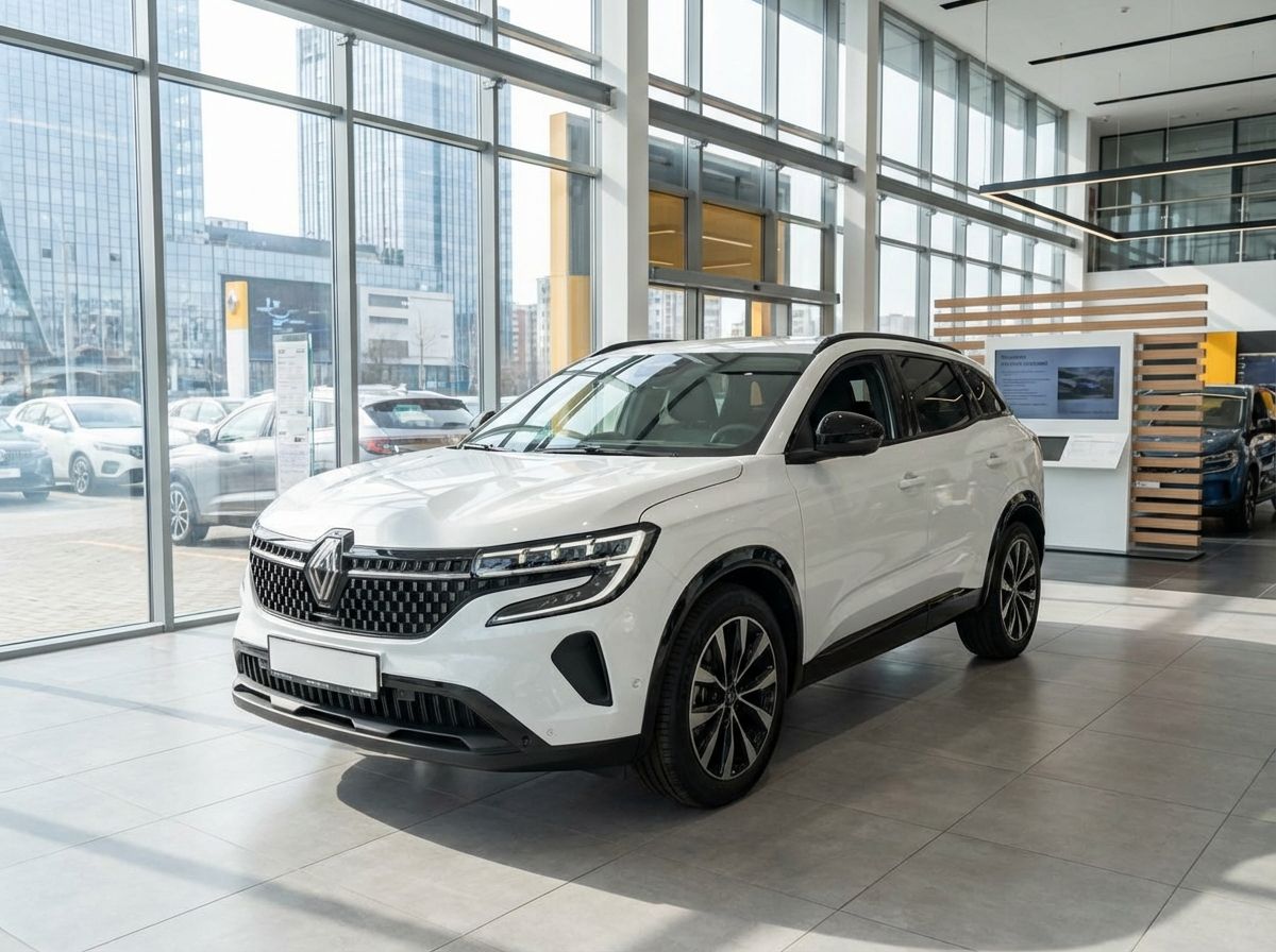 Weißer Renault Austral SUV in modernem Autohaus-Showroom
