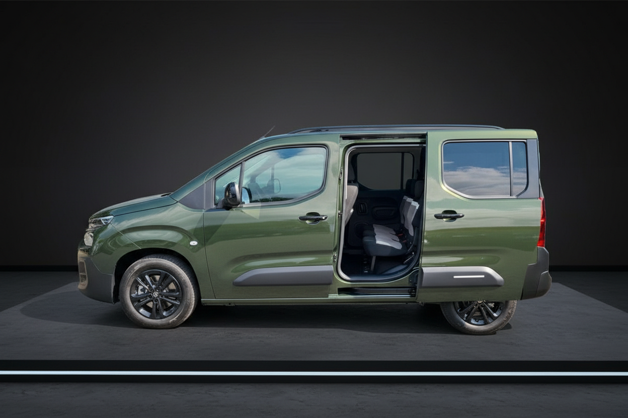 Opel Combo Life in Olivgrün Seitenansicht mit geöffneter Schiebetür im Fotostudio