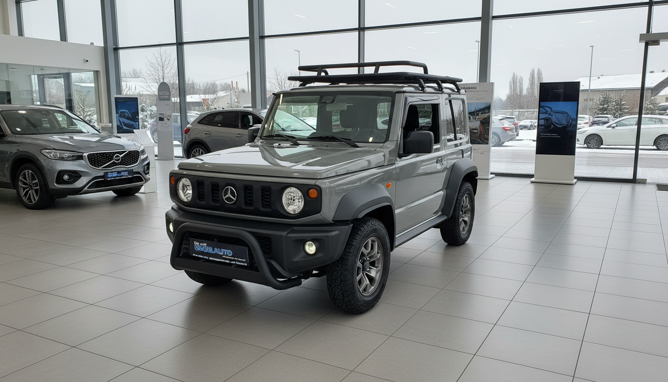 Silberner Suzuki Jimny Geländewagen mit schwarzem Frontbügel und Dachgepäckträger im Autohaus Showroom, Allradfahrzeug mit runden Scheinwerfern und Offroad-Bereifung
