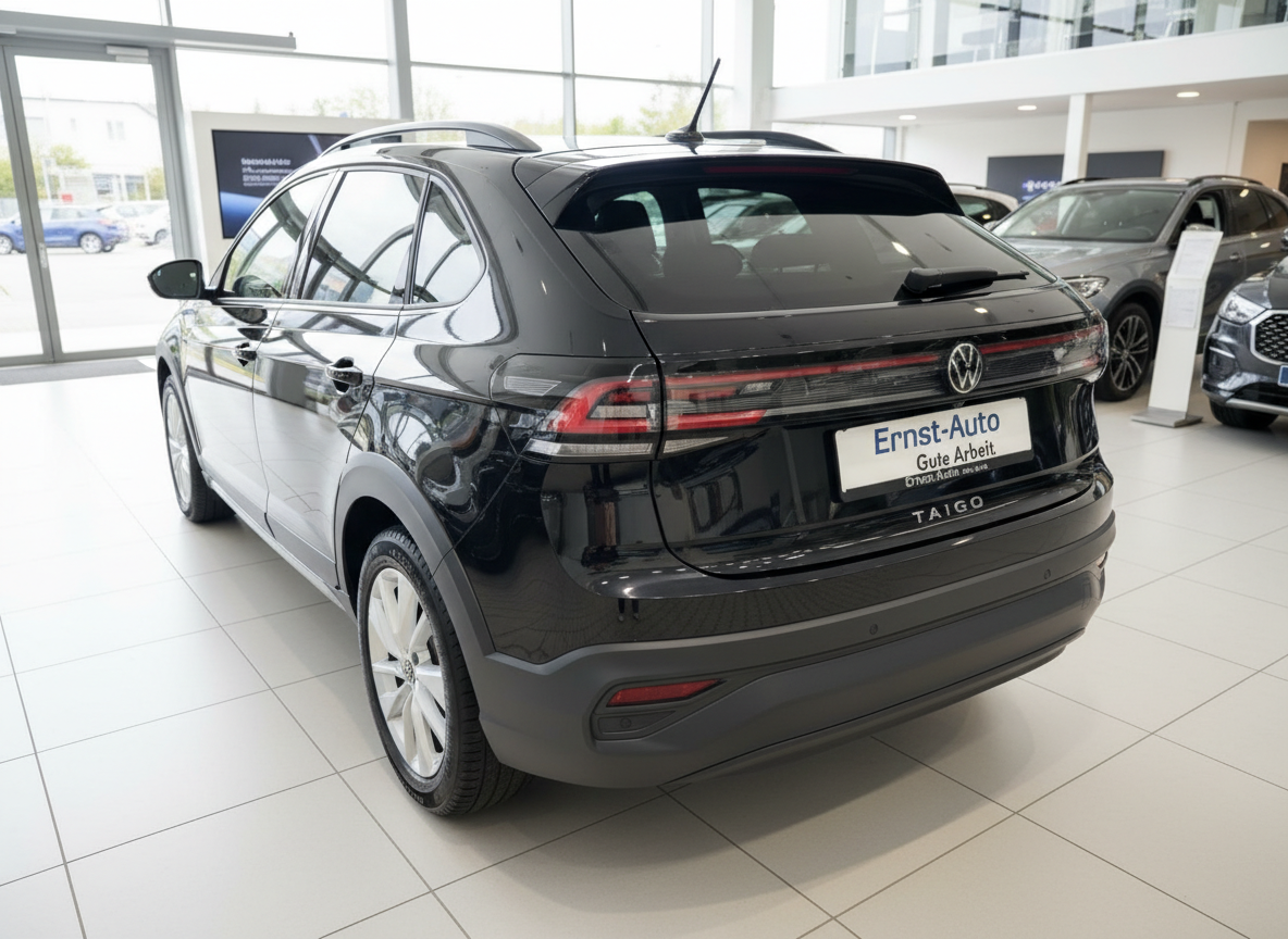 Volkswagen Taigo in Schwarz, Heckansicht im Autohaus Ernst-Auto