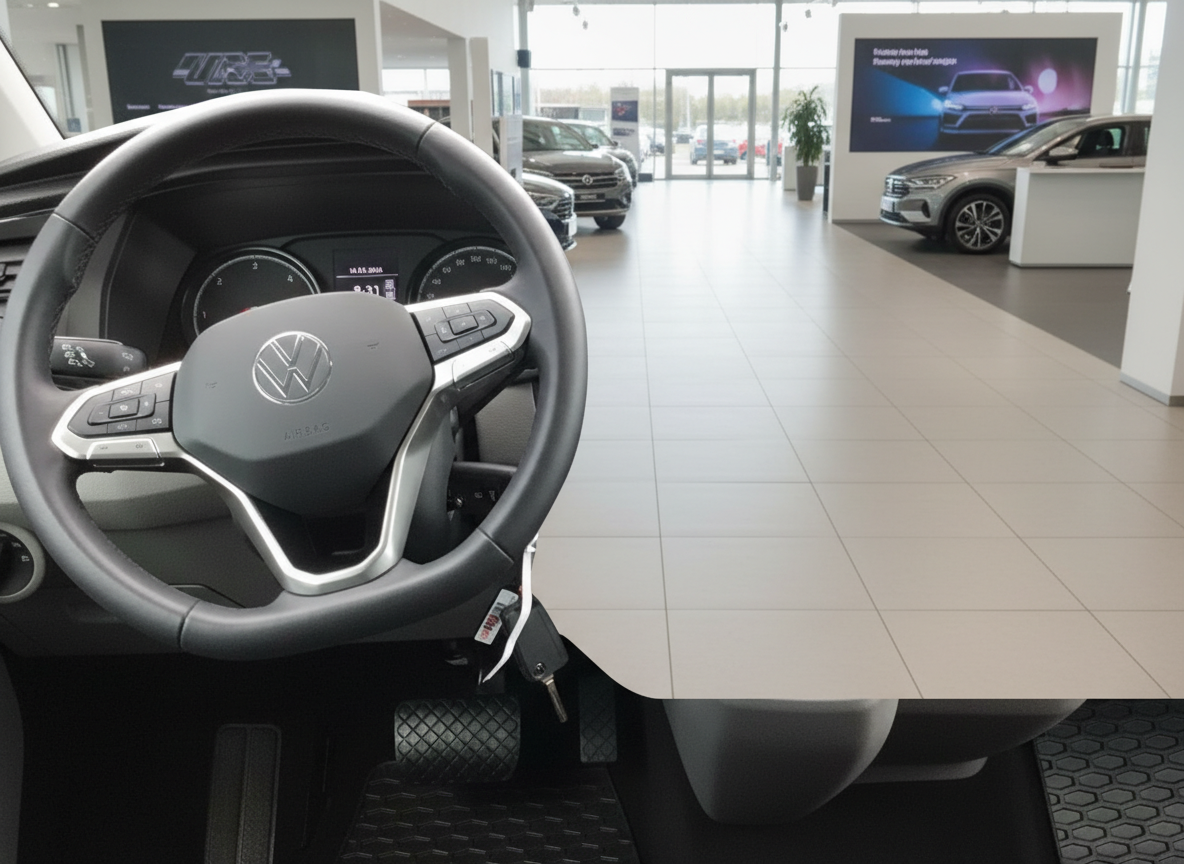 Volkswagen Innenraum mit Lenkrad im VW Autohaus Showroom