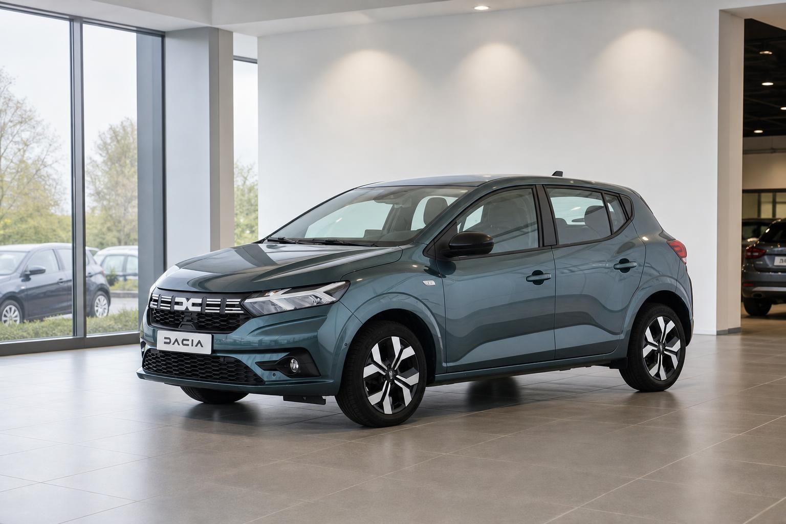 Dacia Sandero in Grün, Frontansicht schräg im Showroom