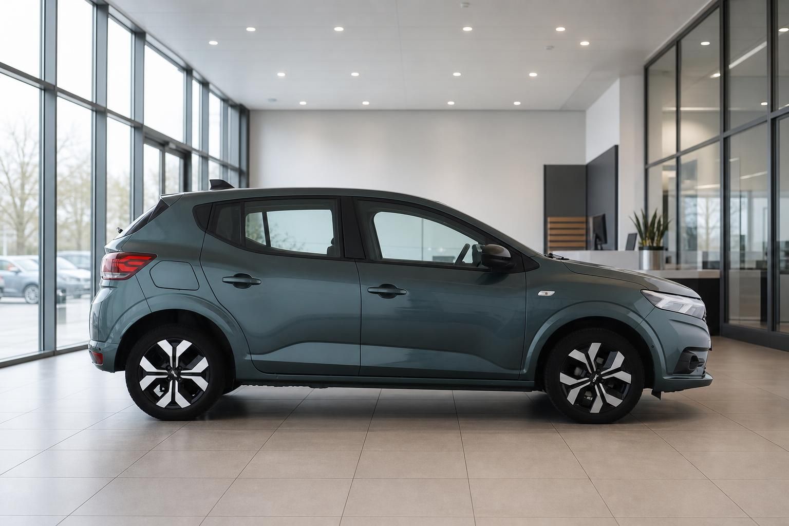 Dacia Sandero in Grün, Seitenansicht im Autohaus-Showroom